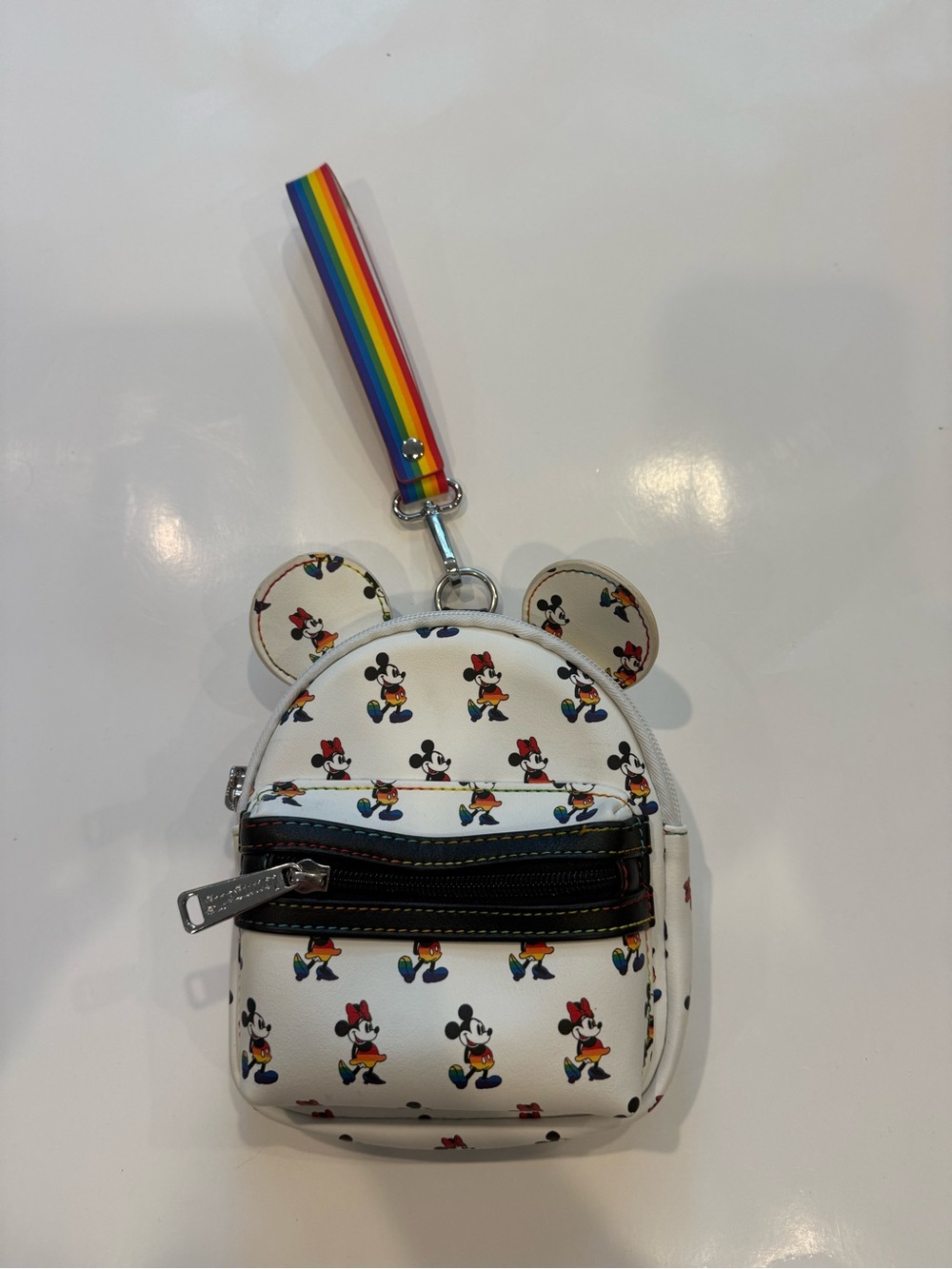 Disney White Mickey & Minnie Pattern Mini Backpack Wristlet with Rainbow Strap